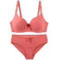 Coral pink seamless bra set detail, smooth molded cups with cute bow accent for women. - 100C / Top And Bottom / Red
