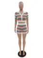 Detailed view of the colorful striped knit two-piece set, featuring short sleeve polo top and shorts. - S / Top And Bottom / Colorful