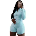 Women athletic two piece set long sleeve zip up jacket and tight shorts activewear casual workout - Light Blue