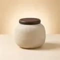 Ceramic pet memorial urn with wooden lid for cat or dog ashes, elegant keepsake jar. - Random Lid Color / Grey-White