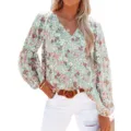 Detailaufnahme der floralen V-Ausschnitt Langarmbluse, elegantes Chiffon-Top mit Laternenärmeln. - S / Grün