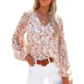 Nahaufnahme der eleganten floralen Chiffonbluse mit stilvollem V-Ausschnitt Design. - S / Weiß