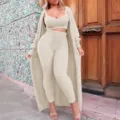 Conjunto de punto mullido de 3 piezas para mujer crop top cardigan pantalon beige - S / Conjuntos / Blanco lechoso