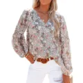 Blumendruck V-Ausschnitt Laternenärmel Chiffonbluse Detail, elegante Freizeit-Oberbekleidung. - S / bunt