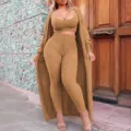 Mujer conjunto punto mullido 3 piezas crop top pantalón largo cárdigan moda elegante - Caqui