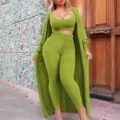 Conjunto de loungewear verde de tres piezas con top corto, leggings y cardigan largo. - S / Conjuntos / Verde Hierba