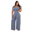 Stylish blue and white striped two-piece set featuring a crop top and wide-leg pants. - L / Blue and White Stripes