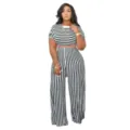 Plus size black and white striped crop top and wide leg pants two piece set for women. - L / Black & White Stripes