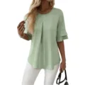 Green ruffle sleeve blouse with front pleat detail, casual elegant summer top for women. - S / Light Green