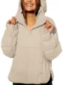 Women Winter Solid Color Hooded Quilted Puffer Jacket Pocket Long Sleeve Detail View - Beige