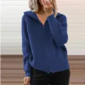 Cardigan con cerniera in maglia a costole blu da donna con colletto a risvolto casual - Blu