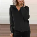 Black ribbed knit cardigan detail, zipper closure and lapel collar for daily casual wear. - S / Tops / Black