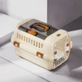 Portable pet carrier crate with double doors for cats and dogs travel in beige color. - L / Beige