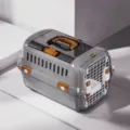 Grey plastic pet carrier with brown locks and wire door for safe cats dogs travel. - L / Gray