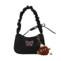 Borsa a tracolla nera in stile coreano con tracolla arricciata e ricamo di farfalla. - Borsa Singola / Nero