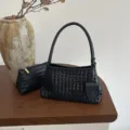 Gevlochten Okseltas Zwarte Handtas Mode Chic PU Lederen Schoudertas Voor Vrouwen. - Zwart