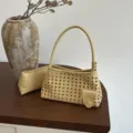 Stylish beige woven hobo shoulder bag with a matching small pouch for women daily casual use. - Yellow