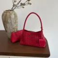 Red woven leather shoulder bag chic braided underarm handbag with matching pouch for women - Red