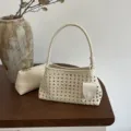 Woven leather shoulder bag casual cream underarm handbag for women stylish daily tote purse - White