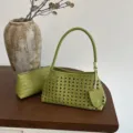 Woven green shoulder bag for women, chic hobo handbag with top handle and minimalist style. - Green