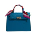Borsa a mano in pelle con stampa struzzo blu con foulard di seta elegante borsa donna - Blu
