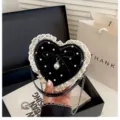 Charmant sac à bandoulière cœur noir avec dentelle blanche pois nœud et pendentif perle - Noir