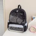 Black star print ita backpack with clear transparent pocket and spacious storage design for daily use. - Black