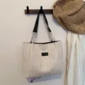 Grande borsa tote in paglia intrecciata estiva borsa a spalla da spiaggia stile coreano - Bianco Crema Verticale