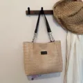 Sommer Stroh Tote Tasche für Damen, große Strand Umhängetasche mit Kettengriff und PU Leder. - Horizontal Khaki