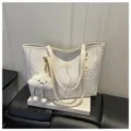 White textured tote bag large capacity casual shoulder handbag with cute cloud pendant for women - With Cloud Pendant / White