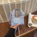 Blue mini crossbody bag with cute plaid lace trim and handle for women fashionable daily use. - Blue