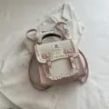 Sweet pink and white mini backpack purse with lace trim and cute bows for women variant view. - Pink