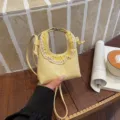 Yellow mini crescent crossbody bag with lace ruffle trim, stylish PU leather handbag for daily. - Yellow