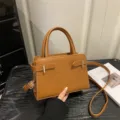 Women minimalist brown square shoulder crossbody bag chic casual PU leather top handle handbag - Brown