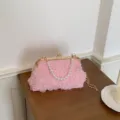 Joli sac de soirée rose fleurs perles pour femme élégante boucle en métal bandoulière - Rose