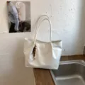 White pleat tote bag, minimalist large capacity daily shoulder bag with wooden bead charm. - With Pendant / White