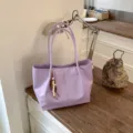 Light purple minimalist tote bag, vintage pleated shoulder bag with delicate bead pendant. - With Pendant / Purple