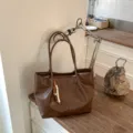 Brown ruched tote bag for women, large capacity shoulder bag with bead pendant, daily commuter. - With Pendant / Brown