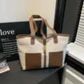 Canvas commuter tote bag with brown leather trim, large capacity casual shoulder bag. - With Pendant / Brown
