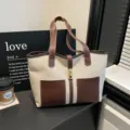 Canvas contrast tote bag with brown leather handles, large capacity commuter shoulder bag. - With Pendant / Brown