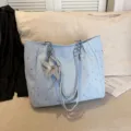 Large capacity blue tote bag for women casual star print shoulder bag daily use - With Pendant / Blue