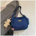 Stylish blue denim shoulder bag for women casual canvas cross body hobo handbag with bear. - With Pendant / Dark Blue