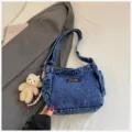 Stylish denim shoulder bag for women, casual crossbody hobo bag with cute bear pendant. - Washed Dark Blue (With Charm)