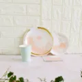 Disposable paper plate tableware set with pink gold brushstroke design for party picnic events. - Ink Painting 4-Piece Set