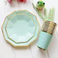Mint green and gold party tableware set with decagonal plates cups and striped straws. - 4-Piece Tableware Set for 8 People
