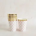 Gobelets en papier jetables coeur rose pour mariage fete fournitures, design bord dore. - Lot de 8, 270 ml / Rose rouge