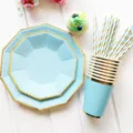 Light blue gold rim paper plate cup straw set detail view for birthday party table decoration. - 4-Piece Tableware Set for 8 People