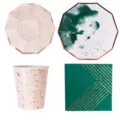 Disposable party tableware set with green watercolor paper plates, cups and napkins. - Decagon Ink Green 4-Piece Set