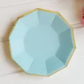 Light blue decagon disposable paper plate with gold rim for party and birthday decoration. - Decagon Paper Plate / 7 Inch 8 Pack / Blue Gold Rim