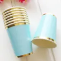 Light blue disposable paper cups with gold rims for birthday party celebrations tablewares. - Paper Cup / 270ml 8 Pieces Pack / Blue Gold Rim